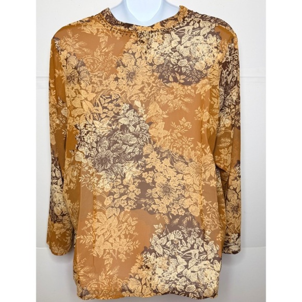 Blouse Women 26/28 Brown Long Sleeves Beaded Floral Sheer V-Neck Boho Officewear - Picture 2 of 7